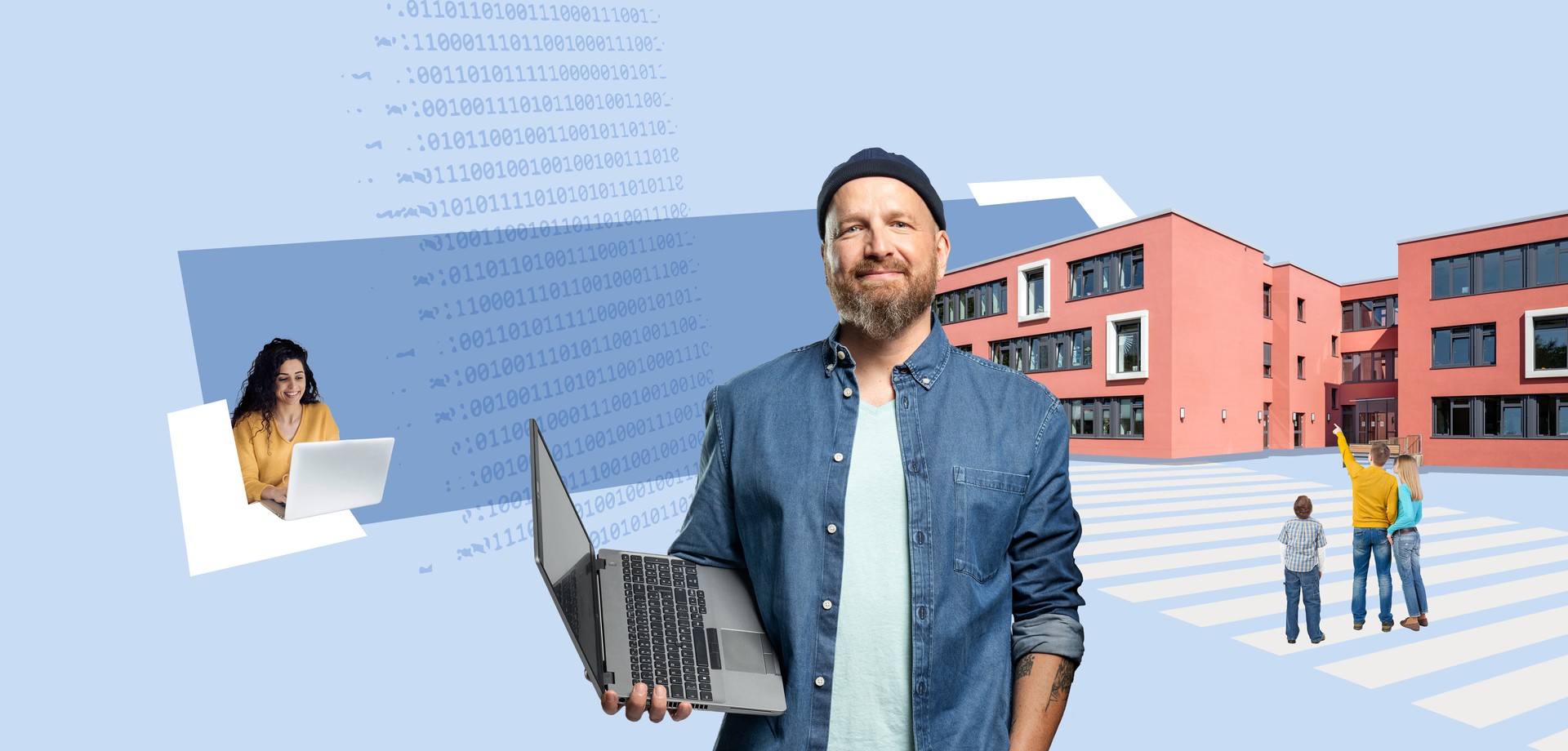 IT-Mitarbeiter mit Laptop im Vordergrund. Binärcode, Familie vor rotem Gebäude und Frau, die am Laptop arbeitet im Hintergrund.