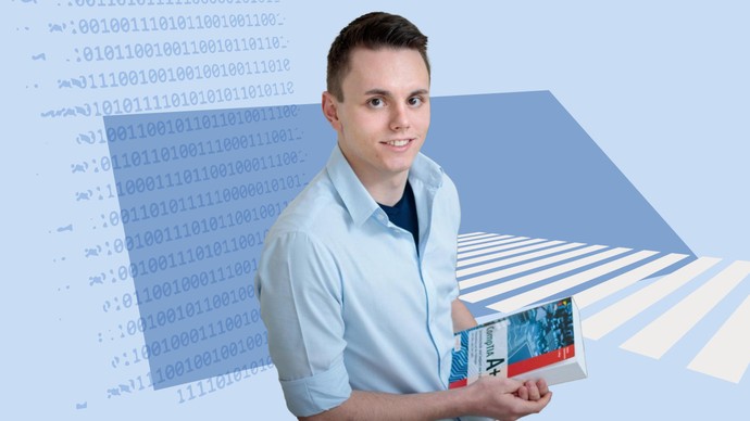 Ein Mann steht vor einem blauen Hintergrund und hält ein Buch. Im Hintergrund ist Binärcode.