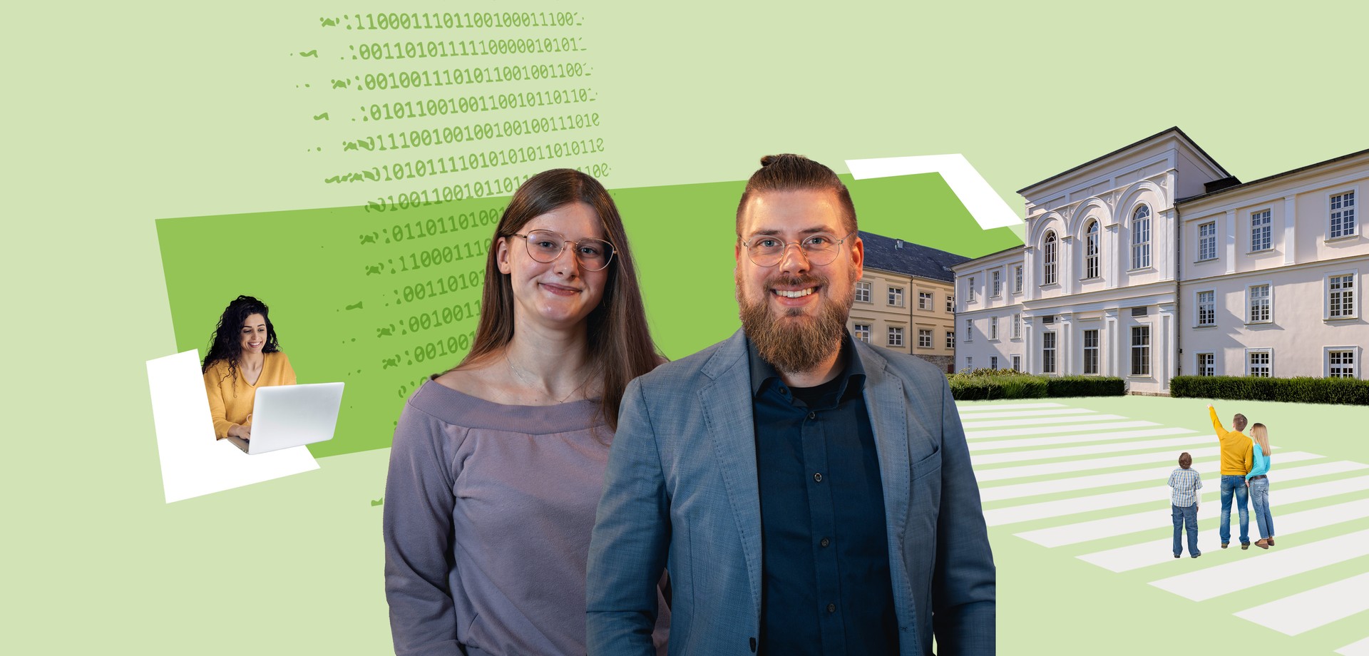 Eine Frau und ein Mann stehen vor einem grünen Hintergrund. Im Hintergrund ist eine Frau, mit einem Laptop und eine Familie vor einem weißem Gebäude.